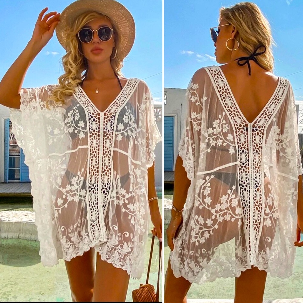 Lace Embroidered Sheer Mesh Swim Cover Up